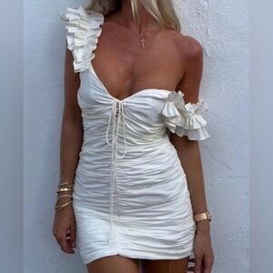 ZARA woman’s white braced linen blend mini dress - scrunched chic summer - XS